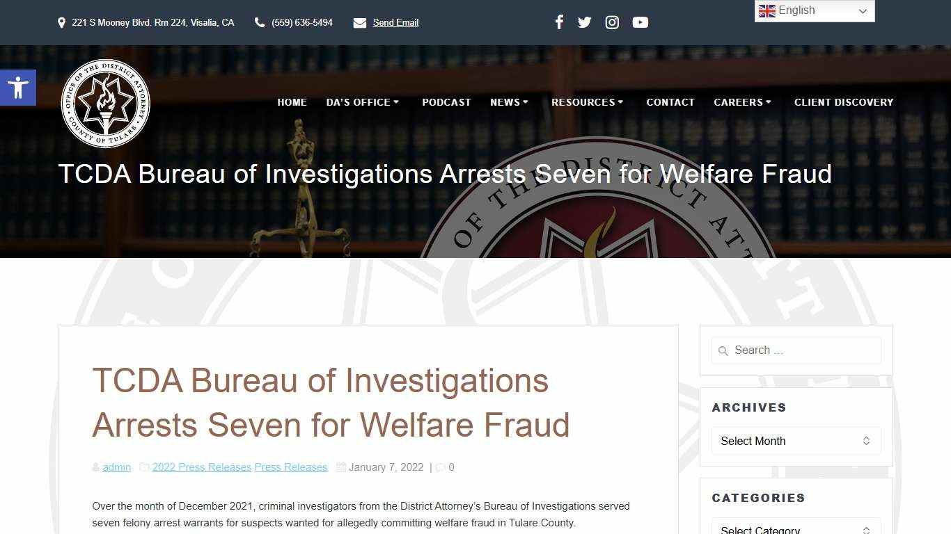 TCDA Bureau of Investigations Arrests Seven for Welfare Fraud – Tulare County District Attorney