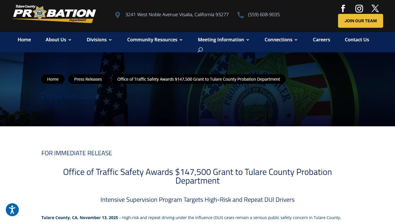 Office of Traffic Safety (OTS) Awards DUI Grant $147,500 to Tulare County Probation