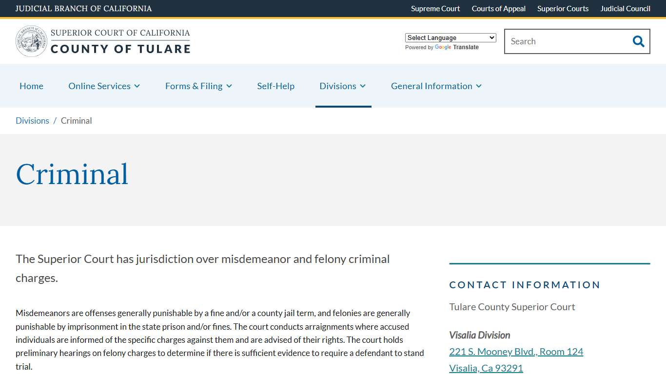 Criminal | Superior Court of California | County of Tulare