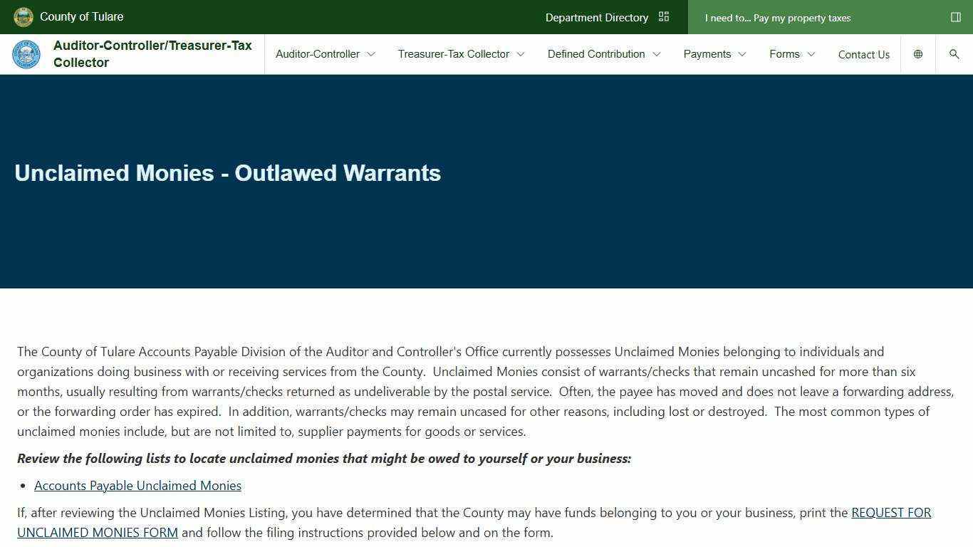 Unclaimed Monies - Outlawed Warrants | Tulare